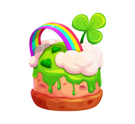 St Patrick day sweet holiday cake decorated with green dripping frosting, fluffy white clouds, lucky clover and colorful rainbow. Cartoon vector festive cupcake dessert, symbol of luck and celebrationのイラスト素材