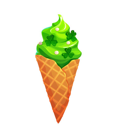 St Patrick day ice cream, sweet holiday dessert. Cartoon vector festive wafer cone with green soft swirl, decorated with shamrocks and pearls, symbolizes luck and celebration, delicious Irish treatのイラスト素材
