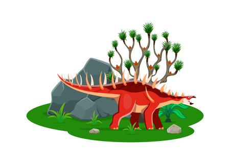 Cartoon prehistoric dinosaur or Kentrosaurus lizard in jungle forest, vector dino character. Prehistoric funny dinosaur lizard or Kentrosaurus from Jurassic era in forest park for kids paleontologyのイラスト素材