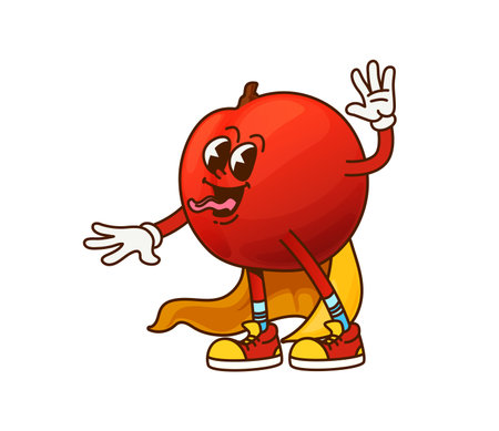 Cartoon groovy red apple Halloween wizard fruit character. Vector funny necromancer or magician retro personage in yellow cape and smiling face. Sorcerer garden fruit, healthy vitamin food enchanterのイラスト素材