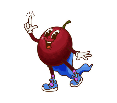 Cartoon groovy Halloween wizard passion fruit character. Isolated vector whimsical tropical fruit personage sporting blue cape and sneakers, having great idea with raised finger, embodying fun and joyのイラスト素材