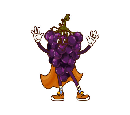 Cartoon groovy Halloween wizard grapes fruit character in holiday costume. Vector funny bunch of black grape retro personage dressed as a mischievous sorcerer with orange cloak and hippie sneakersのイラスト素材