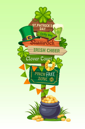St Patrick day sign board or Irish holiday arrow signage, vector signboard. St Patrick festival party wooden sign board with arrow directions, leprechaun gold coins, horseshoe and shamrock cloversのイラスト素材