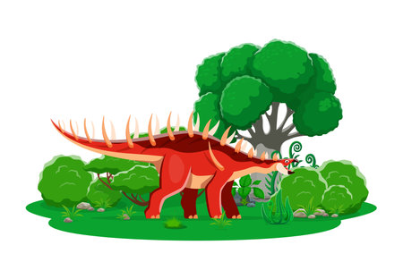 Kentrosaurus prehistoric cartoon dinosaur. Vector vibrant red dino with large spikes, roar at lush forest landscape with a tree, shrubs and rocks. Jurassic reptile animal for children book or gameのイラスト素材
