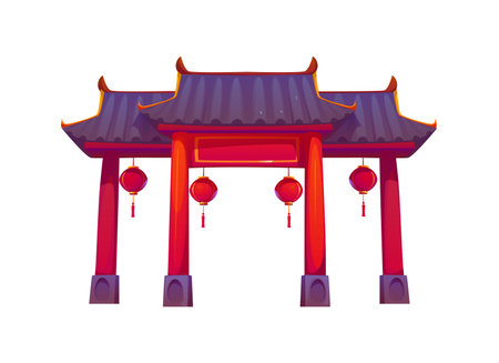 Cartoon traditional Chinese gate paifang with red pillars, dark curved roof and hanging lanterns. Vector Asian architecture represents cultural heritage and the entrance to sacred or historical placeのイラスト素材