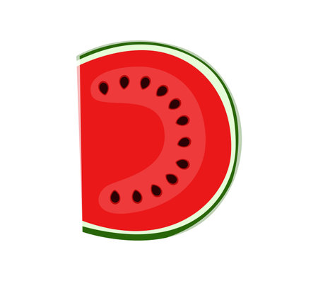 Cartoon farm font of watermelon fruit for agriculture typeface, vector kids type. Farm font or harvest English alphabet letter D in shape of watermelon slice for cartoon farm fruit typeface alphabetのイラスト素材