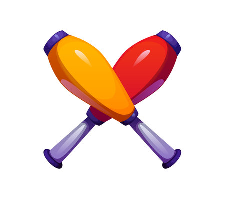 Cartoon circus font letter X styled with crossed juggling clubs feature red and yellow bodies. Retro carnival typeface, entertainment type, kids English alphabet. Vector abc typography characterのイラスト素材