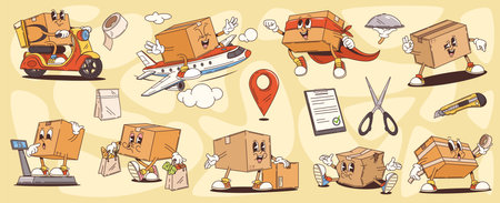 Groovy delivery cardboard box characters of vector post and mail shipping service. Cartoon retro hippie parcels and damaged packages with duct tape. Groovy delivery boxes weighing and flying on planeのイラスト素材