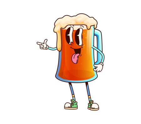 Beer tankard drink groovy character. Pub ale mug cheerful vintage funky vector character, bar alcohol drink tankard or craft brewery beer glass cup groovy personage. Oktoberfest ale mug happy mascotのイラスト素材