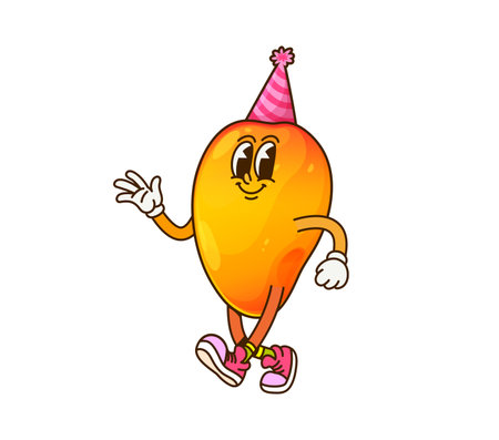 Cartoon groovy mango character wearing playful party hat dancing joyfully and spreading happiness on party celebration. Isolated vector tropical fruit personage exudes joyful, celebratory funky vibeのイラスト素材