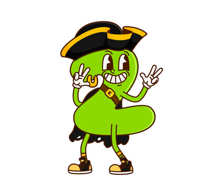 Groovy number 2 pirate or corsair character in tricorne hat, cartoon vector. Funny groovy math number Two 2 as pirate or Caribbean sailor boatswain and seaman cartoon character with captain earringのイラスト素材