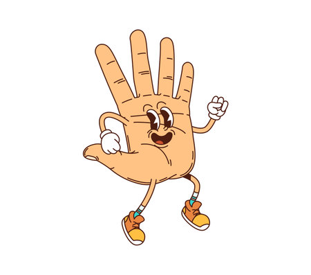 Cartoon hand groovy medicine and health character exuding happiness and energy. Isolated vector playful palm, human body part retro personage evokes joy and hippie y2k fun for anatomy learning at kidsのイラスト素材