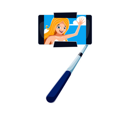 Summer travel font typeface or type of number 7 as selfie stick with phone, cartoon vector. Summer travel and holiday vacations font or typeface, number seven in shape of smartphone with selfie photoのイラスト素材