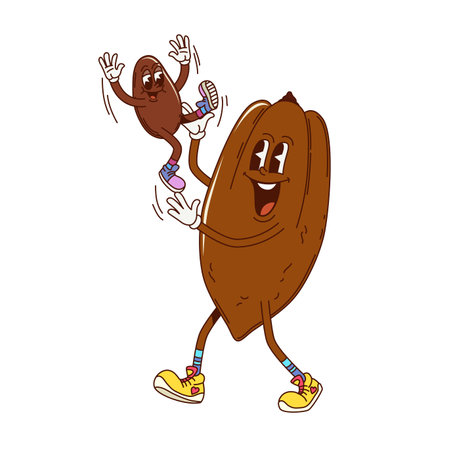 Cartoon groovy cocoa bean funny characters. Cocoa tree seed or pod 60s 70s groovy isolated vector character. Cocoa ingredient bean character food funny personage playing with kidのイラスト素材