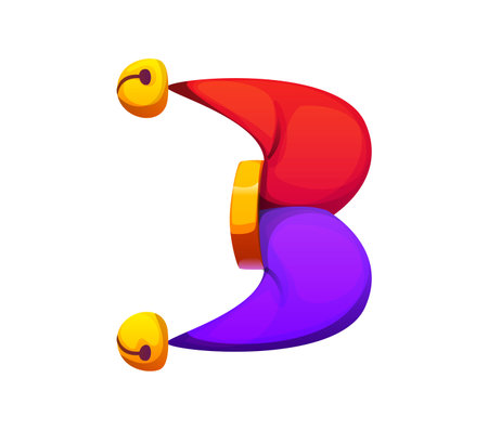 Cartoon number three circus font as playful jester hat with red purple curves and jingling bells. Vector numeral 3 retro carnival typeface, entertainment type, kids alphabet. Vector digit characterのイラスト素材