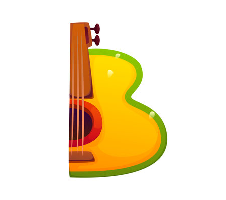 Cartoon Mexican font guitar letter B. Cinco de Mayo festival musical instrument latin typeset symbol, Latin America vector English alphabet letter or Hispanic culture party ABC font elementのイラスト素材