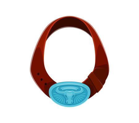 Letter O as a Western cowboy leather belt featuring blue buckle with bull head. Vector wild west font, typeface or type, sheriff English alphabet character as a cowpuncher or ranger vintage accessoryのイラスト素材