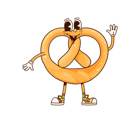 Funny groovy pretzel bread character. Cartoon bakery and pastry retro food personage with a playful expression, wearing sneakers and exudes funky vibe. Isolated vector snack with wide cheerful smileのイラスト素材