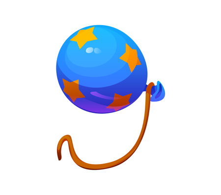 Cartoon circus font, number nine as blue balloon with yellow stars, tied with curly brown string. Vector retro carnival typeface, numeral 9 entertainment type, kids alphabet. Abc typography characterのイラスト素材