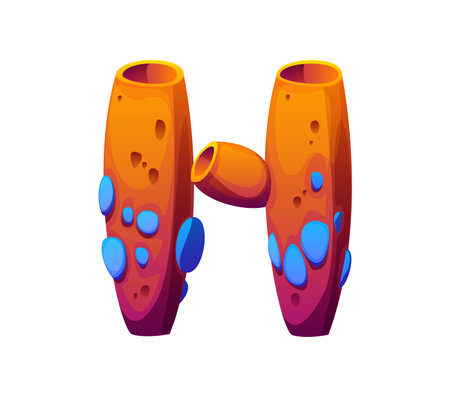 Cartoon underwater font corals letter H. Aquatic life latin typeset element, underwater nature creature isolated vector ABC font symbol or sea wildlife animal English alphabet letterのイラスト素材