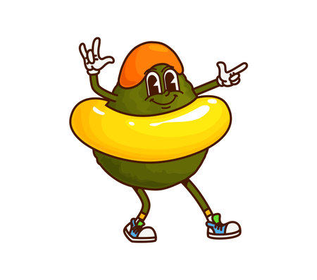 Cartoon groovy avocado vegetable character enjoying a fun summer vacation with a bright float and stylish hippie sneakers, embodies relaxation and leisure during playful and cheerful beach recreationのイラスト素材