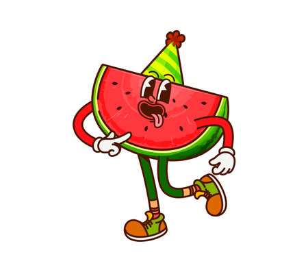 Groovy cartoon watermelon piece cheerful character wearing holiday cap. Kids holiday dessert funny funky vector character, child birthday summer fruit mascot. Juicy watermelon slice cheerful personageのイラスト素材