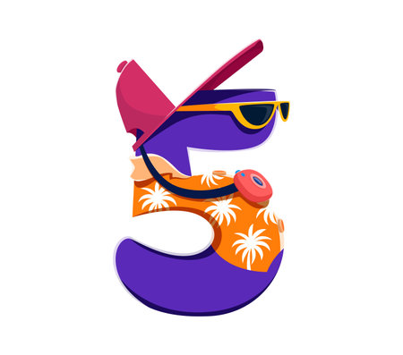 Summer travel font or sea beach type, number 5 in sunglasses, vector cartoon typeface. Summer travel and holiday vacations font or typeface, number five in Hawaii beach shirt and hat with photo cameraのイラスト素材