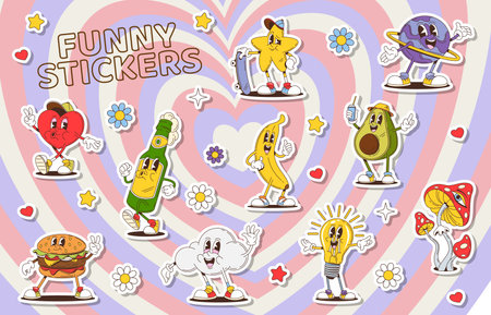 Cartoon groovy characters stickers pack. Vector retro y2k heart, star and planet, banana, beer bottle, burger and amanita mushroom. Cloud, light bulb and avocado with funky and playful expressionsのイラスト素材
