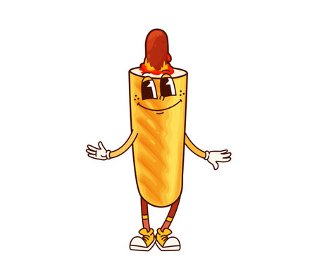 Cartoon fast food corn dog groovy character. Takeaway meal funny retro funky personage, cute 60s 70s groovy isolated vector mascot. Street cafe menu corn dog or french hotdog fast food happy characterのイラスト素材