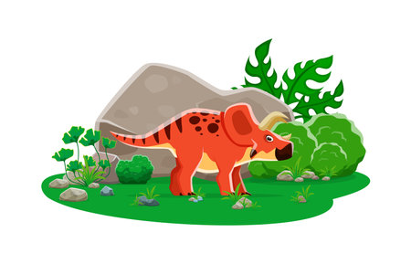 Arrhinoceratops prehistoric cartoon dinosaur. Isolated vector triceratops like dino with red skin and horns, stands at lush Jurassic era landscape with large rocks, plants and bushes on a green fieldのイラスト素材