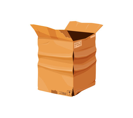 Damaged and crumpled cardboard box. Broken, crushed and ripped cargo delivery package. Vector distressed and poorly treated parcel, symbolizing damaged goods, transportation mishaps or shipping errorsのイラスト素材