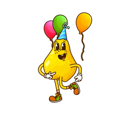 Cartoon groovy quince or pear fruit character having a fun time on celebration party occasion. Isolated vector joyful fruit retro personage wearing blue party hat and surrounded by vibrant balloonsのイラスト素材