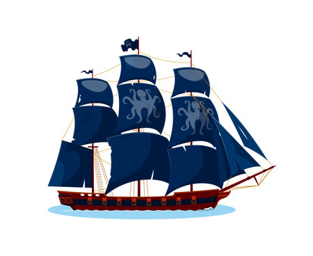 Pirate ship with black sails adorned with octopus kraken monster. Cartoon vector nautical corsair brigantine vessel evoking themes of adventure, exploration, maritime history, piracy, fantasy storiesのイラスト素材