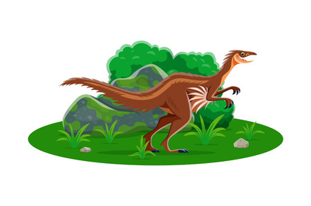 Prehistoric troodon dinosaur cartoon character. Extinct animal, paleontology dinosaur or Jurassic era reptile funny isolated vector personage. Prehistoric lizard with feather cute character or mascotのイラスト素材