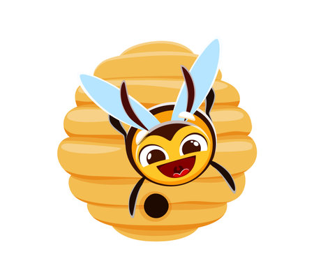 Cartoon honey bee character. Vector cheerful bee personage with blue wings playfully emerges from a golden beehive. Funny insect with expressive face happily buzzing, conveys happiness and energyのイラスト素材