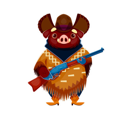 Cartoon Wild West boar animal cowboy and sheriff, ranger and bandit character holding a rifle gun, wearing western poncho, hat, and boots. Vector pig personage capturing playful woodland frontier vibeのイラスト素材