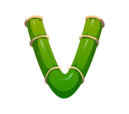 Garden bamboo plant font letter V. Jungle plant typeface symbol, Japan forest tree branch isolated cartoon vector typeset letter. China bamboo English alphabet type sign or symbolのイラスト素材