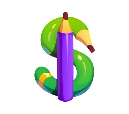 School education font pencil punctuation dollar currency sign. Kid study funny ABC alphabet special symbol, child creative classes vector latin typeset sign or student education English font elementのイラスト素材