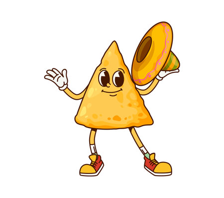 Mexico tortilla nacho chip groovy cute character. Mexico tortilla appetizer vintage cartoon cute character, corn snack retro vector happy mascot. Mexican nacho chip groovy personage with sombrero hatのイラスト素材