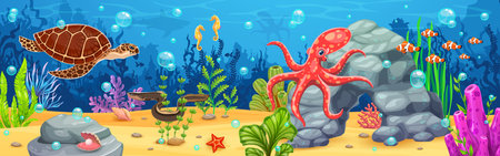 Cartoon underwater landscape, game background with sea animals and fish vector characters. Funny sea turtle, octopus, clownfish shoal and seahorse, eel and starfish at underwater landscape backgroundのイラスト素材