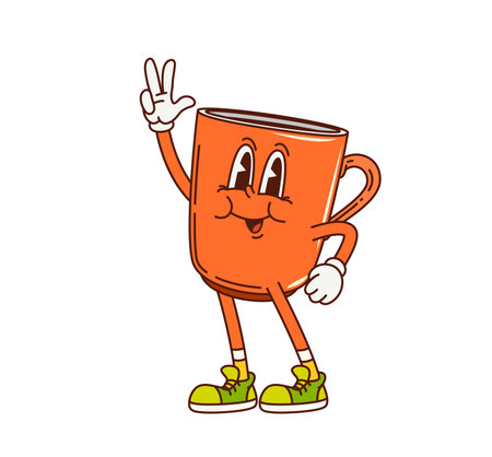 Cartoon groovy tea cup character. Isolated vector orange porcelain hot coffee mug y2k personage flashing a peace sign. Retro breakfast drink with a cheerful expression, wearing vintage hippie sneakersのイラスト素材