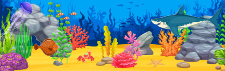 Underwater landscape for game background with giant shark animal, cartoon vector. Underwater world game landscape with shark and undersea fishes, jellyfish or starfish and funny crab in seaweedsのイラスト素材