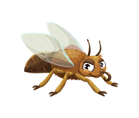 Cartoon funny gadfly insect character or fly mascot for kids, isolated vector. Cartoon gadfly or horsefly and botfly insect with smile on face and googly eyes, small cute fly insectのイラスト素材