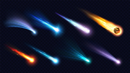 Realistic space comets, meteors, stars and asteroids with light trails at vector transparent background. Realistic 3d meteor shower, shooting stars and comet fireballs falling with fire and sparklesのイラスト素材
