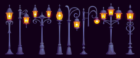 Cartoon old light post and streetlight, street light pole. Vector vintage lamps glowing. Lampposts with metal columns, multiple lanterns and elegant aesthetic, nostalgic nighttime city illuminationのイラスト素材