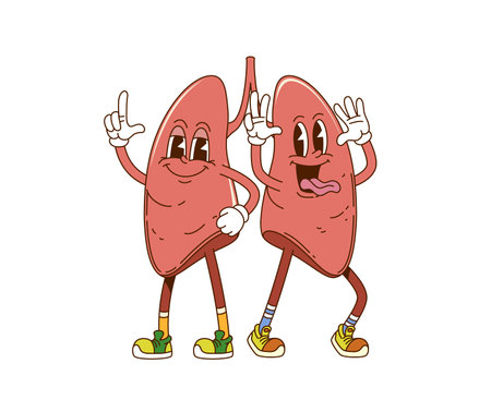Cartoon cartoon groovy human lungs cheerful characters. Healthcare cheerful 60s 70s groovy vector personage, respiratory system internal organ funny mascot or human body anatomy cute characterのイラスト素材