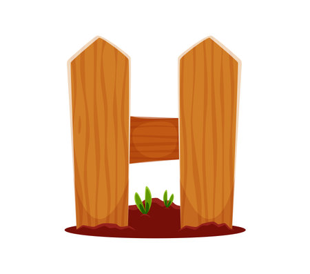 Farm font or cartoon type or English alphabet typeface for kids, vector letter H. Farm font funny letter type of farmer garden or farmhouse fence of wooden hedge for funny farming typeface alphabetのイラスト素材
