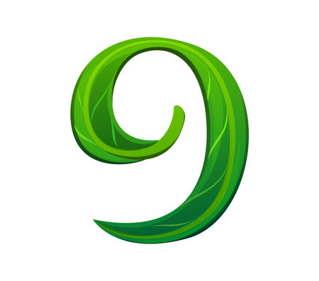 Tree green leaf font digit 9 nine. Nature clean ecology typeface numeral symbol, environment plant cartoon isolated vector math font digit. Green leaf alphabet type number or kids ABC typeface figureのイラスト素材
