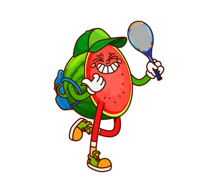 Groovy cartoon watermelon comical character wearing cap and backpack, holding tennis racket. Summer watermelon funky vector character, delicious fruit groovy mascot, juicy dessert cheerful personageのイラスト素材