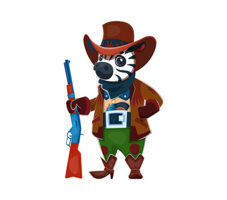 Cartoon zebra animal cowboy, sheriff, bandit and robber character in a brown western hat, leather jacket and boots, holding a rifle. Wild west rugged outlaw or gunslinger with a determined expressionのイラスト素材